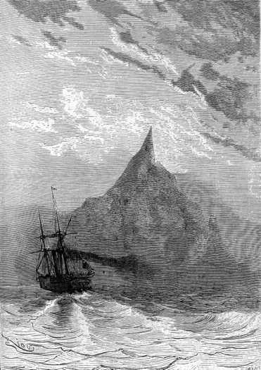 The conical peak of Tristan looked black against the bright sky
